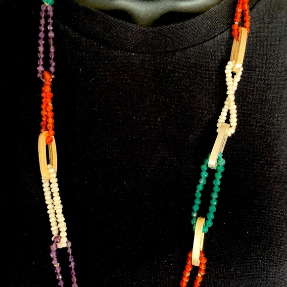 Green purple orange color semi-precious stones & pearls necklace metal bar rings - Picture 7 of 10
